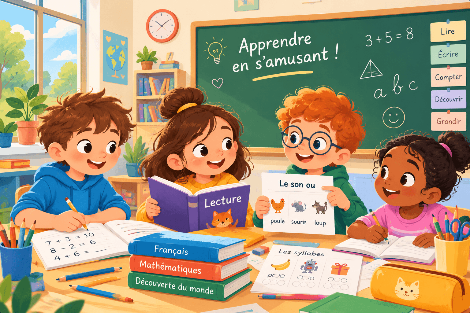 Illustration de classe Écolino avec des enfants en situation d'apprentissage